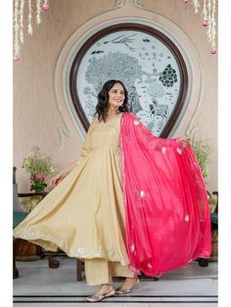 GAYRAA - Beige Shimmer Gota Work Anarkali Kurta with Palazzo & Dupatta