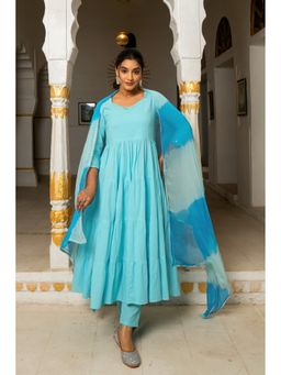 GAYRAA - Blue Cotton Mirror Anarkali Kurta with Pant & Dupatta