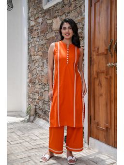 GAYRAA - Cotton Lace Work Orange Kurta with Palazzo
