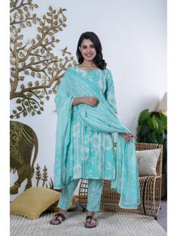 GAYRAA - Cotton Printed Blue Kurta with Pant and Dupatta
