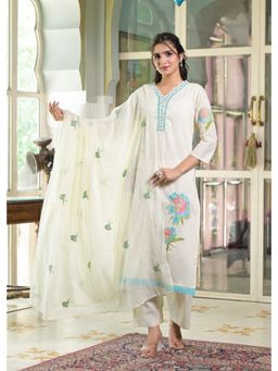 Zolo Label - Floral Embroidered Off White Kurta with Pant and Dupatta