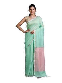 Pallu Patari - Green Women Chanderi Mulmul Saree with and Unstitched Blouse
