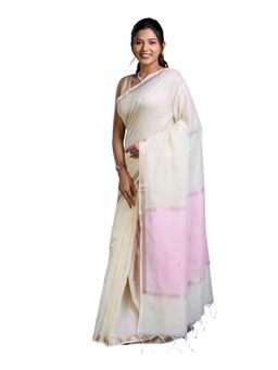 Pallu Patari - Off White Women Chanderi Mulmul Saree with and Unstitched Blouse