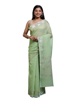 Pallu Patari - Green Women Kota Saree with Zari Weaving and Unstitched Blouse
