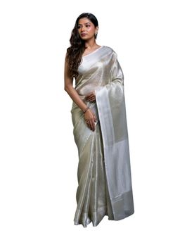 Pallu Patari - White Women Zari Brocade Tissue Saree With Unstitched Blouse