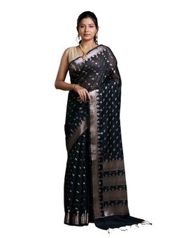 Pallu Patari - Black Women Zari Woven Mulmul Cotton Saree With Unstitched Blouse