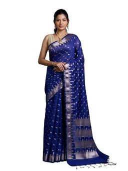 Pallu Patari - Blue Women Zari Woven Mulmul Cotton Saree With Unstitched Blouse
