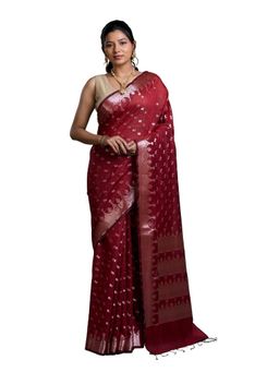 Pallu Patari - Red Women Zari Woven Mulmul Cotton Saree With Unstitched Blouse