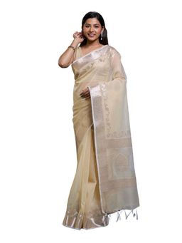 Pallu Patari - Cream Women Woven Kora Organza Saree With Unstitched Blouse