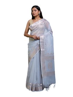 Pallu Patari - Grey Women Woven Kora Organza Saree with Unstitched Blouse