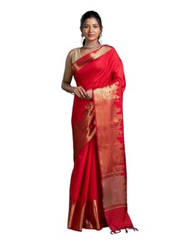 Pallu Patari - Red Women Woven Dupion Silk Saree With Unstitched Blouse
