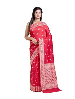 Pallu Patari - Red Women Resham Weave Mulmul Cotton Saree With Unstitched Blouse