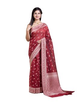 Pallu Patari - Red Women Resham Weave Mulmul Cotton Saree With Unstitched Blouse