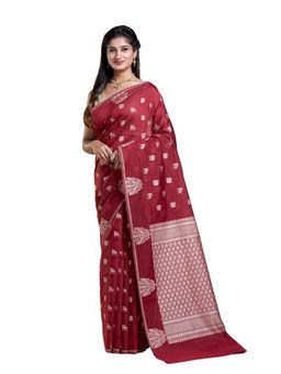 Pallu Patari - Red Women Resham Weave Mulmul Cotton Saree With Unstitched Blouse