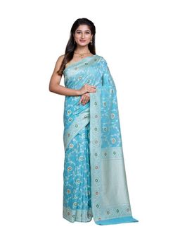 Pallu Patari - Blue Women Resham Weave Mulmul Cotton Saree With Unstitched Blouse