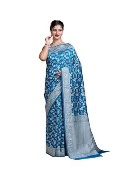 Pallu Patari - Blue Women Resham Weave Mulmul Cotton Saree With Unstitched Blouse