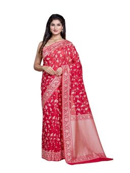 Pallu Patari - Red Women Resham Weave Mulmul Cotton Saree With Unstitched Blouse