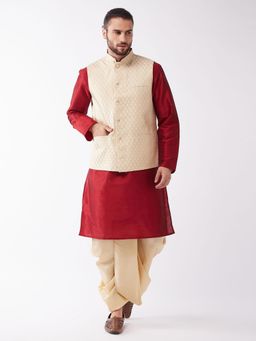 Vastramay - Mens Maroon & Gold Silk Blend Jacket, Kurta with Dhoti (Set of 3)