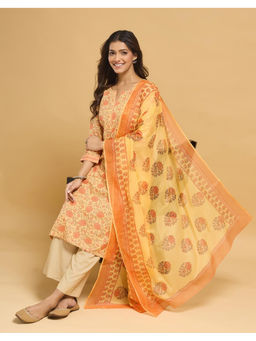 Fabindia - Yellow Cotton Floral Printed Kurta with Dupatta