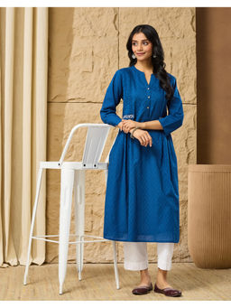 Fabindia - Indigo Cotton Pintuck Slim Fit Long Kurta