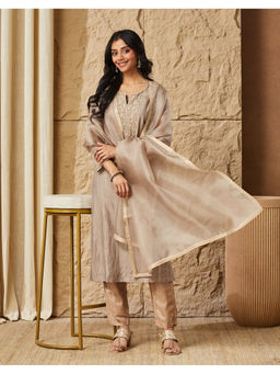 Fabindia - Grey Silk Blend Embroidered Kurta and Dupatta