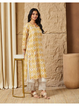 Fabindia - Yellow Cotton Silk Hand Block Printed Long Kurta