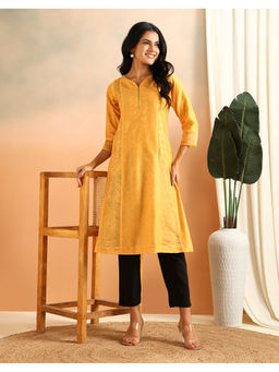 Fabindia - Yellow Cotton Silk Stitchline Long Kurta