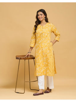 Fabindia - Yellow Cotton Printed Slim Fit Kurta