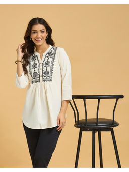 Fabindia - Off White Cotton Embroidered Slim Fit Tunic