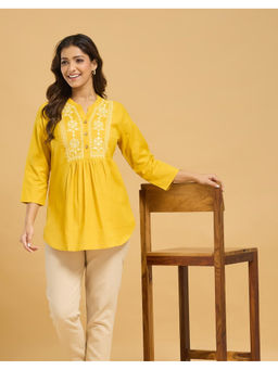 Fabindia - Mustard Cotton Embroidered Slim Fit Tunic