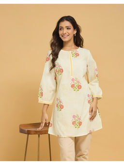 Fabindia - Natural Off White Cotton Floral Printed Slim Fit Tunic