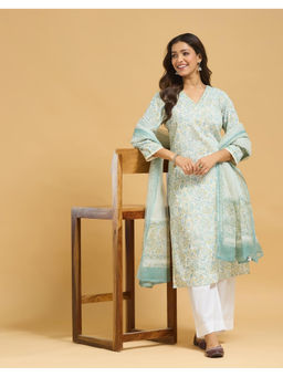 Fabindia - Green Cotton Floral Printed Kurta and Dupatta
