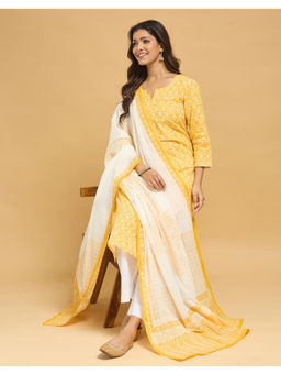 Fabindia - Yellow Cotton Printed Kurta and Dupatta
