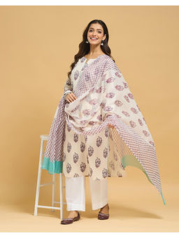 Fabindia - Off White Cotton Floral Printed Kurta and Dupatta
