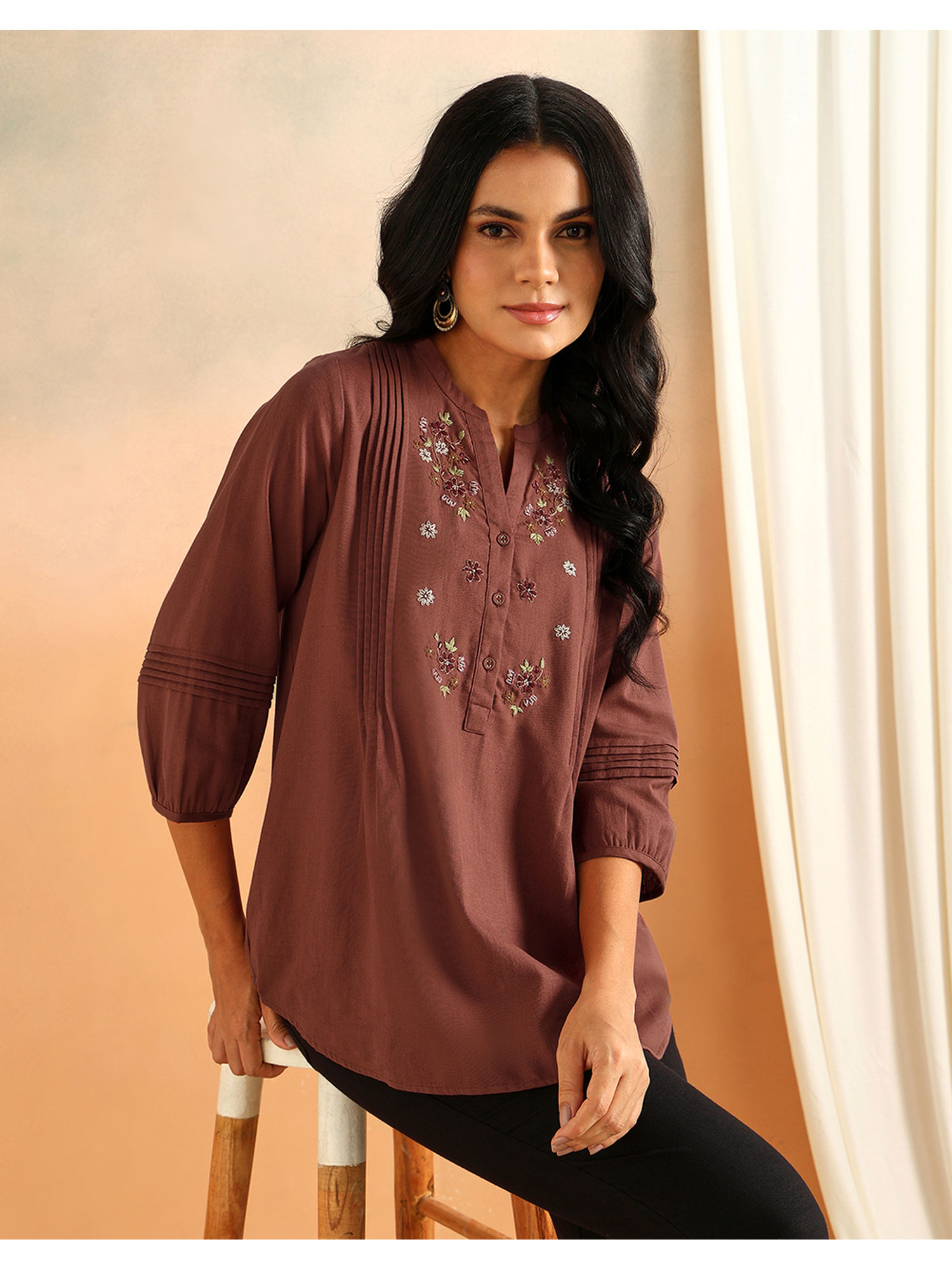 Mauve Cotton Linen Embroidered Tunic-image-15