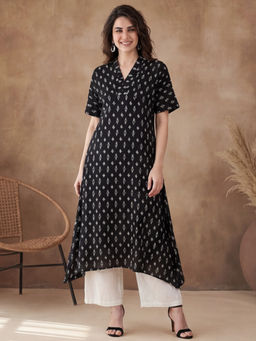 Black & Blah Blah - Black Cotton Floral Printed Kurta