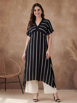 Black & Blah Blah - Black Viscose Rayon Stripes Printed Kurta