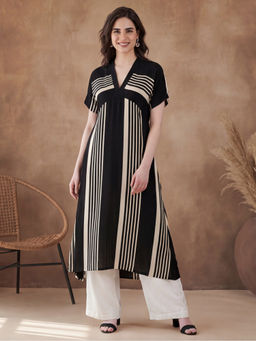 Black & Blah Blah - Black Viscose Rayon Stripes Printed Kurta