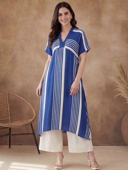 Black & Blah Blah - Blue Viscose Rayon Stripes Printed Kurta