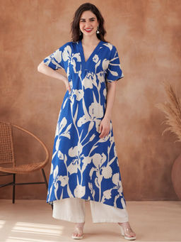 Black & Blah Blah - Blue Viscose Rayon Floral Printed Kurta