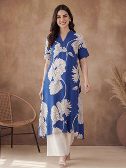 Black & Blah Blah - Blue Viscose Rayon Floral Printed Kurta