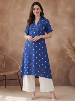 Black & Blah Blah - Blue Viscose Rayon Floral Printed Kurta