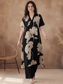 Black & Blah Blah - Black Viscose Rayon Floral Printed Kurta
