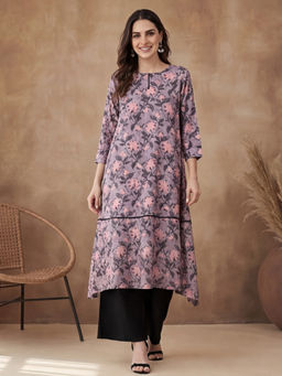 Black & Blah Blah - Grey Cotton Floral Printed Kurta