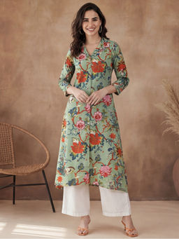 Black & Blah Blah - Green Cotton Floral Printed Kurta