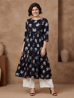 Black & Blah Blah - Black Viscose Rayon Floral Printed Kurta