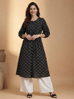 Black & Blah Blah - Black Viscose Rayon Floral Printed Kurta