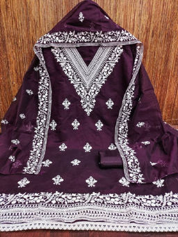 Mirraw - Elegant Purple Embroidered Chanderi Dress Material with Inner and Dupatta