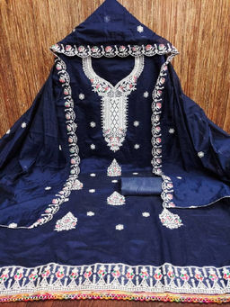 Mirraw - Elegant Navy Blue Chanderi Cotton Dress Material with Inner and Dupatta