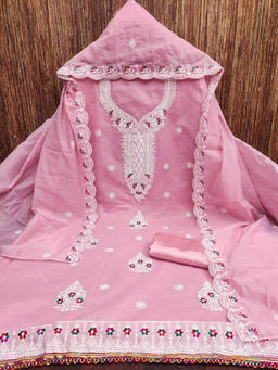 Mirraw - Elegant Pink Embroidered Chanderi Dress Material with Inner and Dupatta
